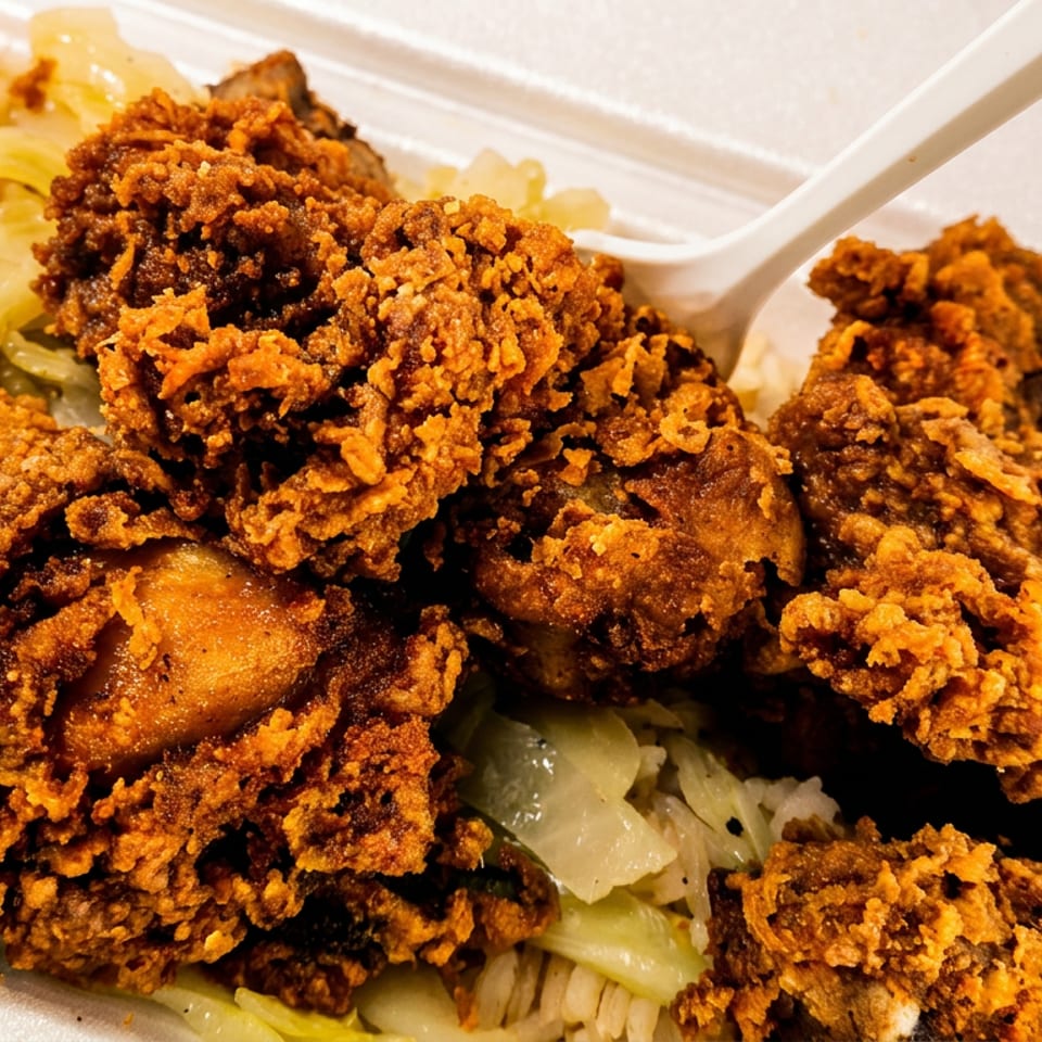 Golden fried chicken pieces, rice, and sautéed cabbage in a white takeout container.