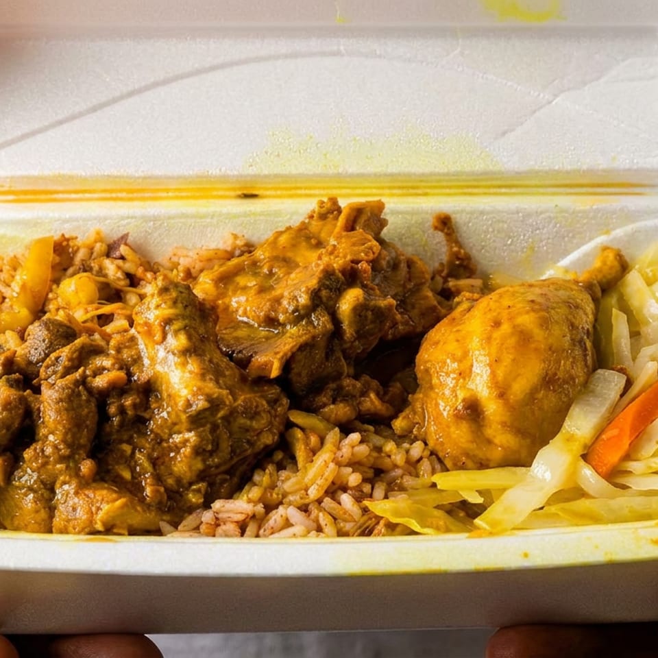 Hands holding a white takeout container filled with curry chicken, rice and peas, and steamed cabbage.