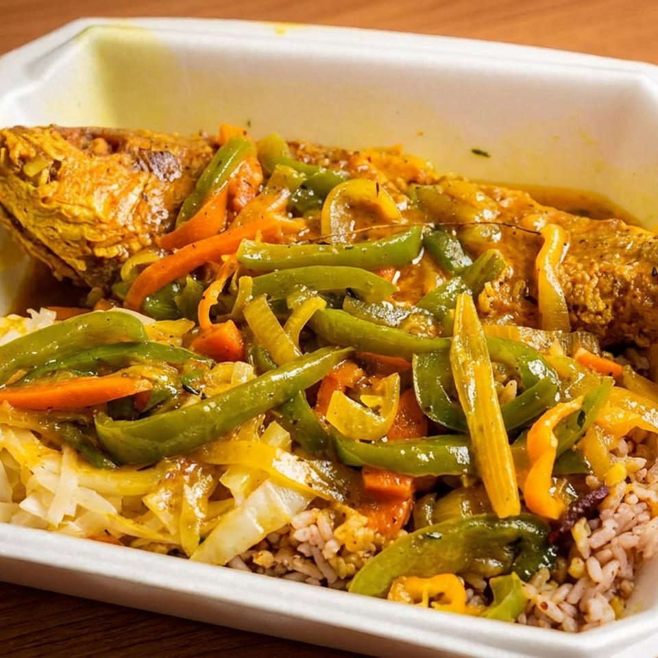 Whole fried fish with colorful peppers, carrots, and onions over rice and cabbage in a takeout container.