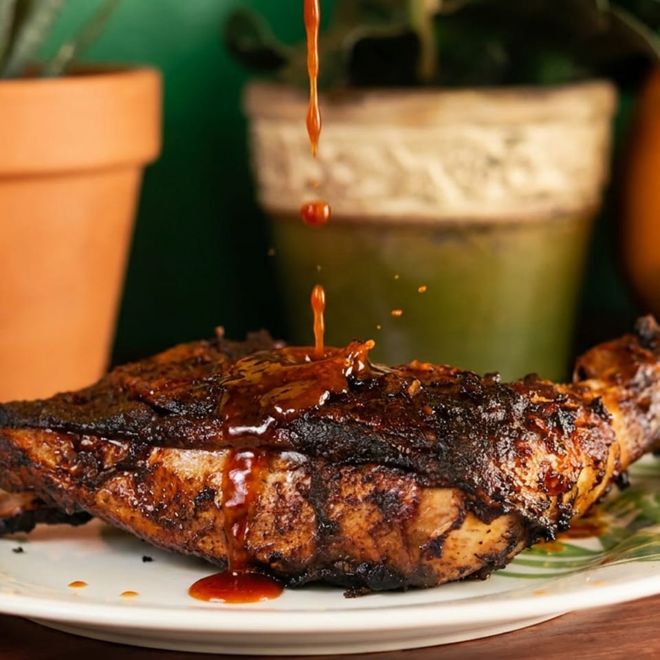 Grilled chicken leg and thigh being drizzled with a rich, dark sauce on a decorative plate.